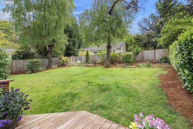 view of yard featuring a wooden deck and a fenced backyard