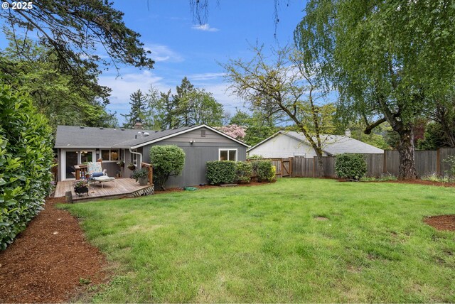 view of yard featuring a fenced backyard and a wooden deck