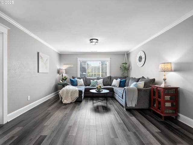 living room featuring dark hardwood / wood-style floors and ornamental molding