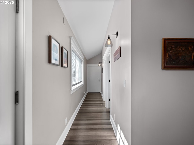 corridor with vaulted ceiling and dark wood-type flooring