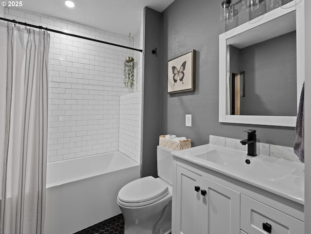 full bathroom featuring toilet, vanity, and shower / tub combo with curtain