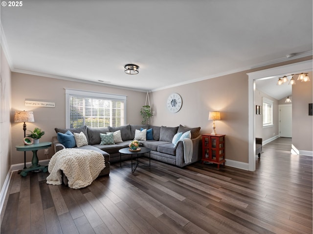 living room with lofted ceiling, dark hardwood / wood-style flooring, and ornamental molding