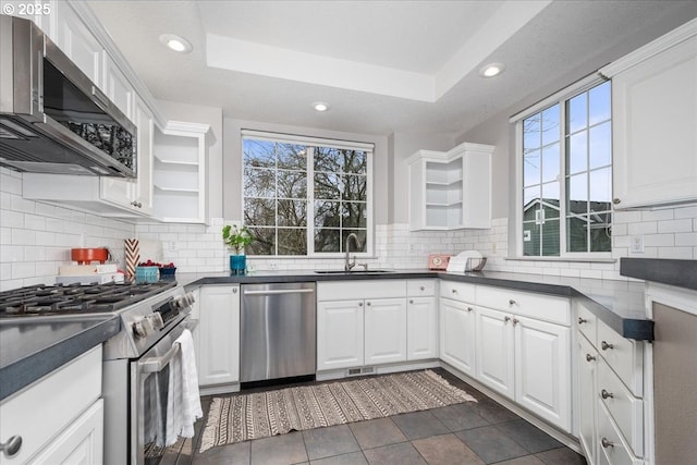 kitchen with stainless steel appliances, white cabinetry, sink, and a tray ceiling