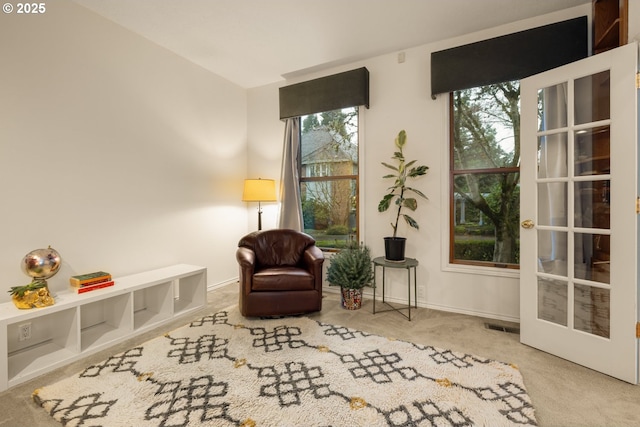 living area featuring carpet floors