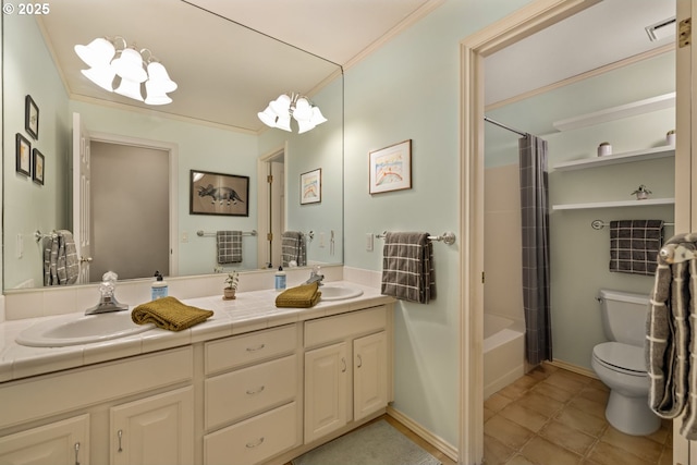 full bathroom featuring toilet, crown molding, tile patterned floors, vanity, and shower / bath combo