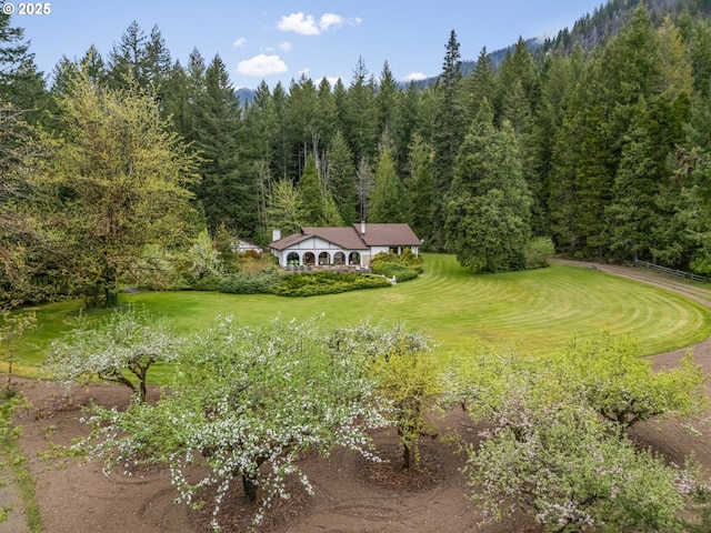 birds eye view of property with a forest view