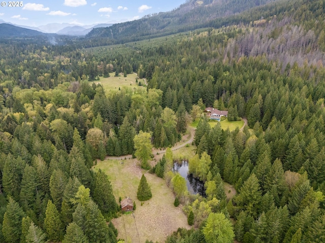 drone / aerial view featuring a forest view and a mountain view