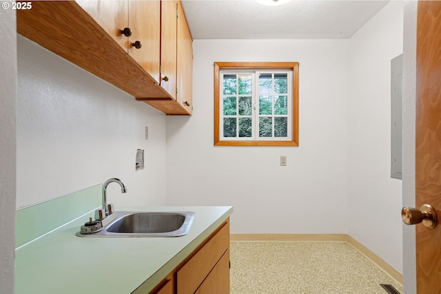7678 Pine Tree Ln SE, Turner, OR 97392 - laundry area featuring cabinet space, baseboards, light carpet, and electric panel