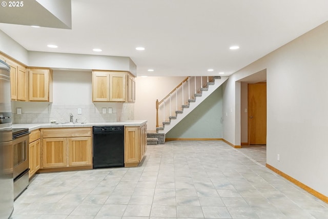 7678 Pine Tree Ln SE, Turner, OR 97392 - kitchen with dishwasher, a sink, light brown cabinetry, tasteful backsplash, and electric stove