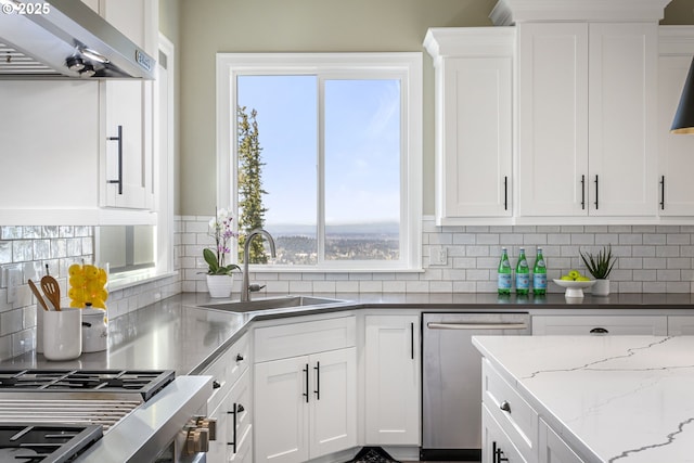 kitchen with plenty of natural light, under cabinet range hood, dishwasher, a sink, and white cabinetry