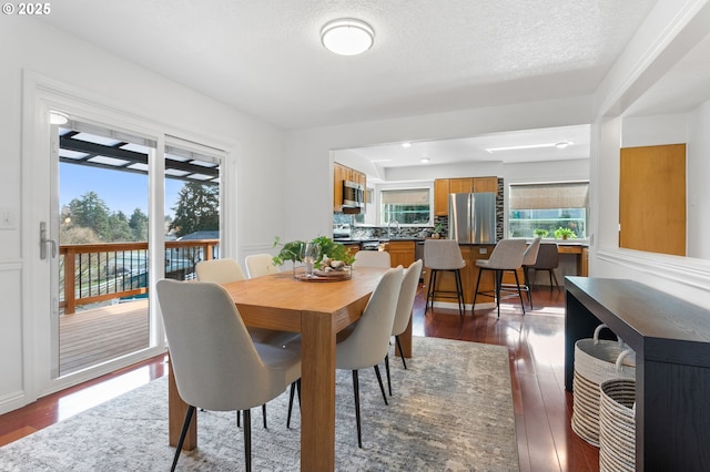 dining space featuring dark hardwood / wood-style flooring, sink, and a textured ceiling