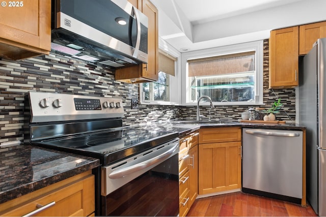 kitchen featuring tasteful backsplash, sink, dark hardwood / wood-style flooring, dark stone counters, and stainless steel appliances