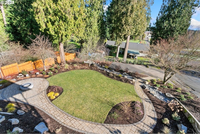 view of yard with a patio and an outdoor fire pit