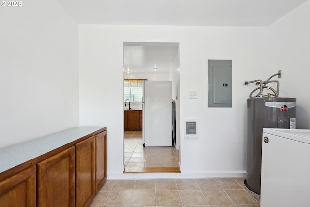 400 Mccoy St, Moro, OR 97039 - hall with heating unit, washer / dryer, light tile patterned flooring, electric panel, and water heater