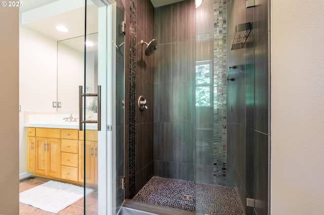 9614 NW Durrett St, Portland, OR 97229 - full bathroom with tiled shower, vanity, tile patterned floors, and recessed lighting