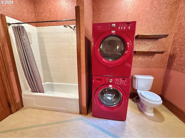 812 SW Saint Clair Ave Unit 3, Portland, OR 97205 - full bathroom with stacked washer and clothes dryer, shower / tub combo, and toilet