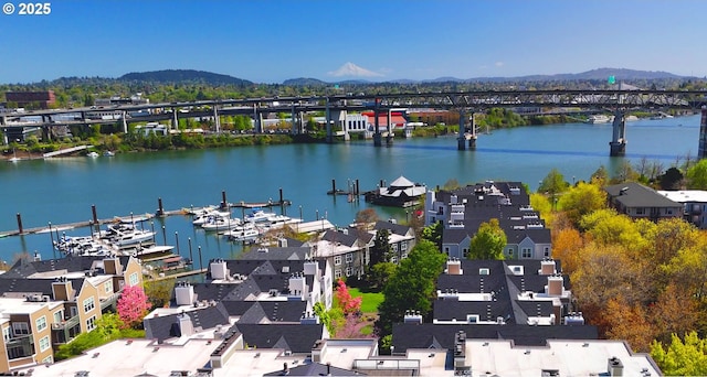 drone / aerial view of a notable bridge and a water and mountain view