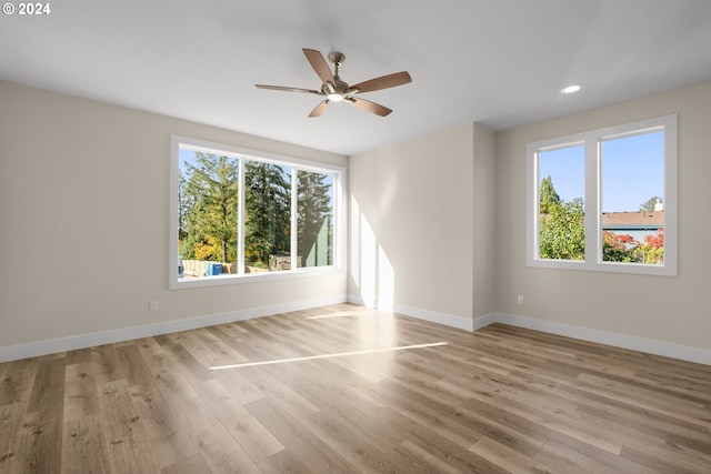 spare room featuring a healthy amount of sunlight, baseboards, wood finished floors, and recessed lighting