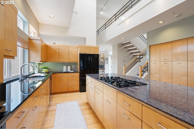 kitchen with light wood finished floors, dark stone counters, black appliances, and a towering ceiling