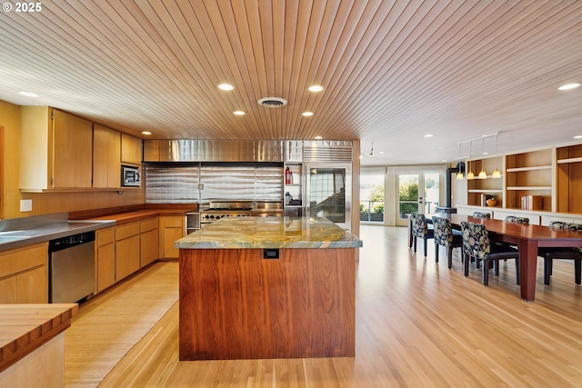 6901 SE Oaks Park Way Unit F, Portland, OR 97202 - kitchen featuring appliances with stainless steel finishes, wooden ceiling, light wood-type flooring, recessed lighting, and a kitchen island