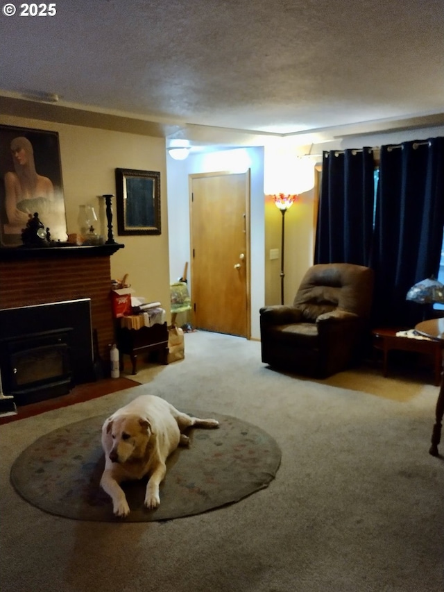 1218 SE 162nd Ave, Portland, OR 97233 - carpeted living area featuring a textured ceiling and a fireplace