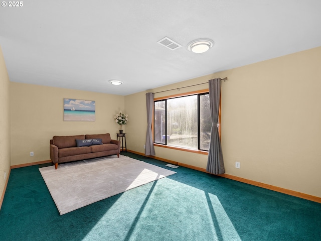 carpeted living room featuring baseboards and visible vents