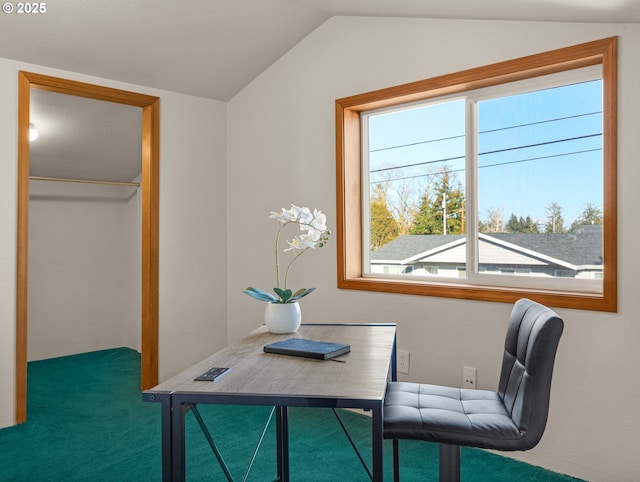 home office featuring vaulted ceiling