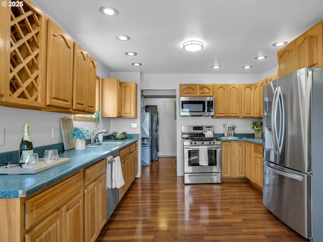 kitchen featuring dark wood finished floors, dark countertops, stainless steel appliances, a sink, and recessed lighting