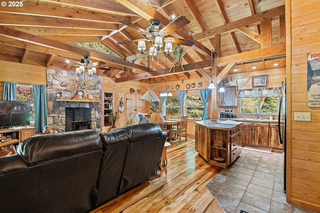 51256 Salmon Gulch Rd, Myrtle Point, OR 97458 - living room featuring ceiling fan, wooden walls, wooden ceiling, a stone fireplace, and light wood-style floors