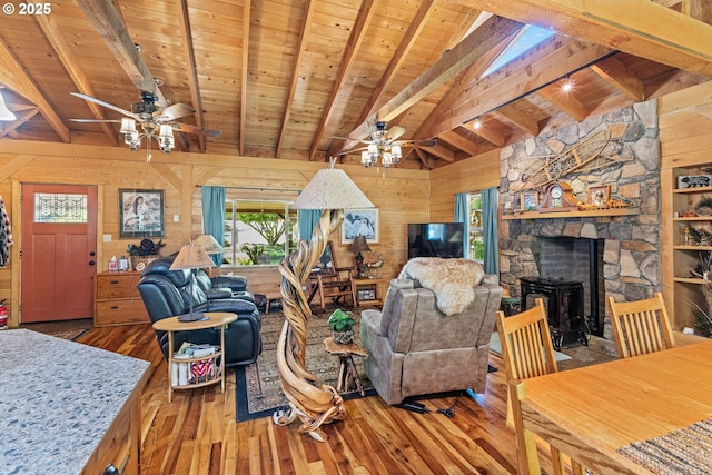 51256 Salmon Gulch Rd, Myrtle Point, OR 97458 - living room with a ceiling fan, wood-type flooring, wood ceiling, wooden walls, and a wood stove