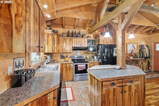 51256 Salmon Gulch Rd, Myrtle Point, OR 97458 - kitchen with black appliances, wood ceiling, light countertops, under cabinet range hood, and a kitchen island