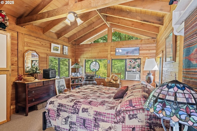 51256 Salmon Gulch Rd, Myrtle Point, OR 97458 - bedroom with wood walls, cooling unit, carpet flooring, and wooden ceiling