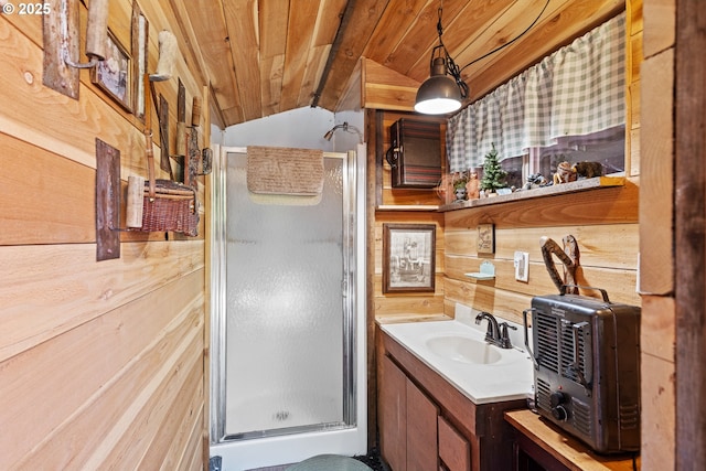 51256 Salmon Gulch Rd, Myrtle Point, OR 97458 - full bathroom featuring wooden ceiling, vanity, a shower stall, wood walls, and vaulted ceiling