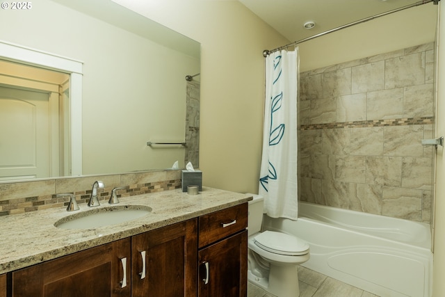 bathroom featuring toilet, decorative backsplash, shower / bath combination with curtain, and vanity