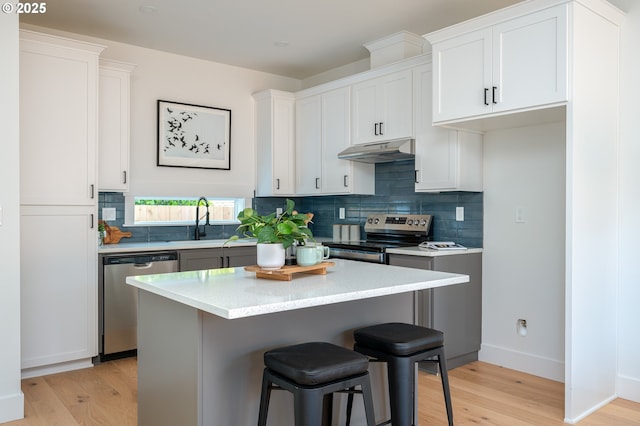 319 N Holland St, Portland, OR 97217 - kitchen with appliances with stainless steel finishes, under cabinet range hood, light wood-type flooring, backsplash, and a kitchen breakfast bar