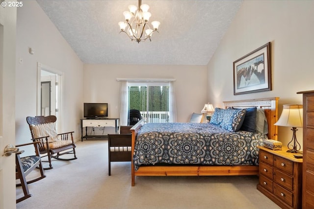 bedroom with a notable chandelier, vaulted ceiling, light colored carpet, and a textured ceiling