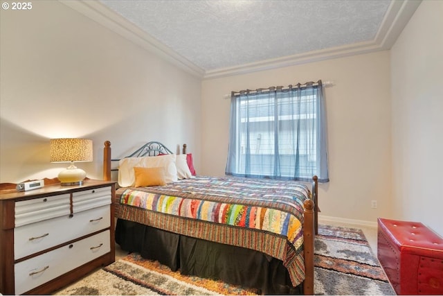 bedroom with crown molding, a textured ceiling, and carpet flooring