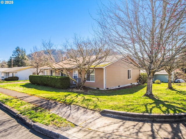 ranch-style house with crawl space and a front lawn