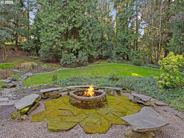 view of yard featuring an outdoor fire pit