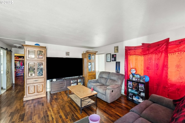 living room featuring dark wood-type flooring and a barn door