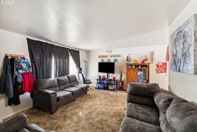 living room featuring a textured ceiling and carpet flooring