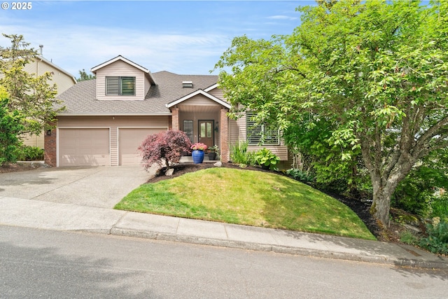 7317 SE 141st Ave, Portland, OR 97236 - view of front facade featuring brick siding, a front lawn, concrete driveway, a garage, and a shingled roof
