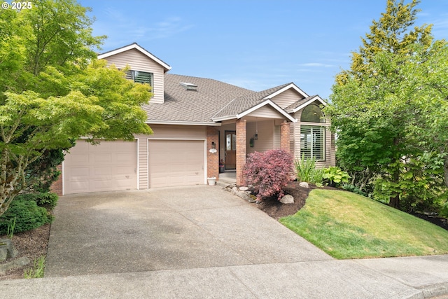 7317 SE 141st Ave, Portland, OR 97236 - view of front of property with brick siding, concrete driveway, roof with shingles, a front yard, and an attached garage