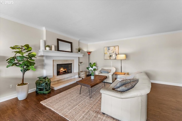 10620 SW Highland Dr, Portland, OR 97224 - living area with ornamental molding, wood finished floors, and a fireplace