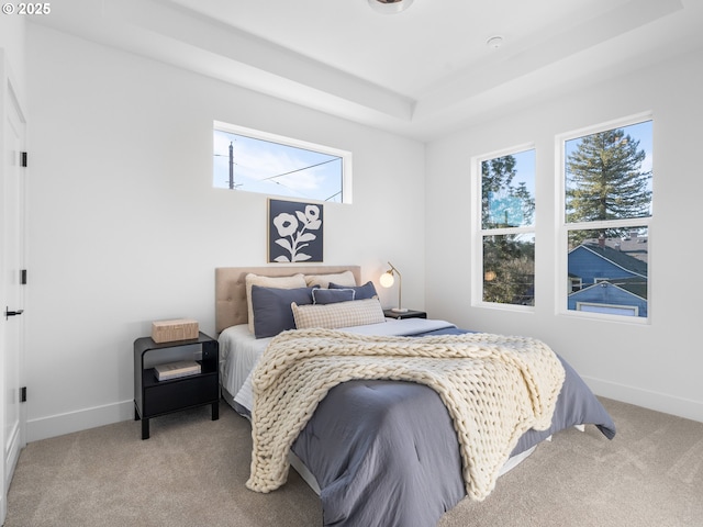 bedroom with light carpet and a tray ceiling