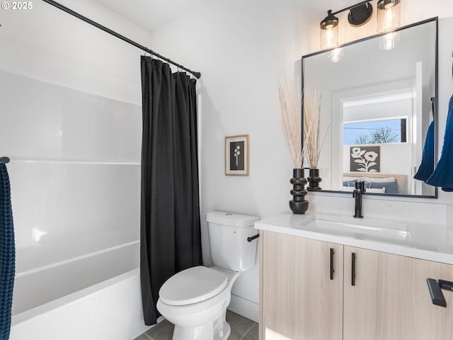 full bathroom with vanity, toilet, shower / tub combo, and tile patterned flooring