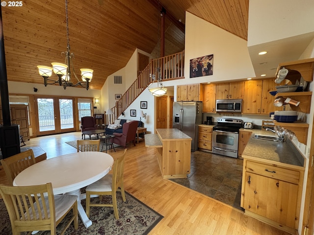 kitchen with a sink, open shelves, dark wood-style floors, appliances with stainless steel finishes, and wooden ceiling