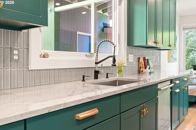 5431 SW Alfred St, Portland, OR 97219 - kitchen with green cabinets, a sink, dishwasher, backsplash, and light stone counters