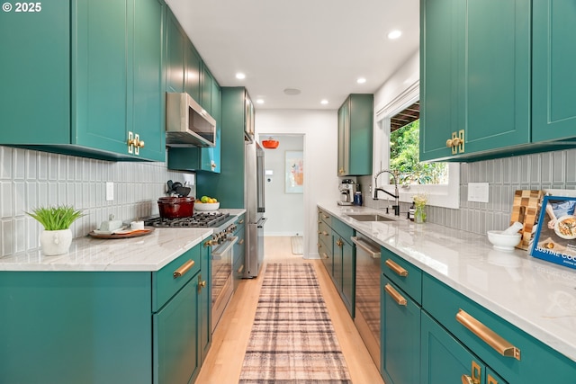 5431 SW Alfred St, Portland, OR 97219 - kitchen featuring a sink, high end appliances, backsplash, light wood finished floors, and range hood
