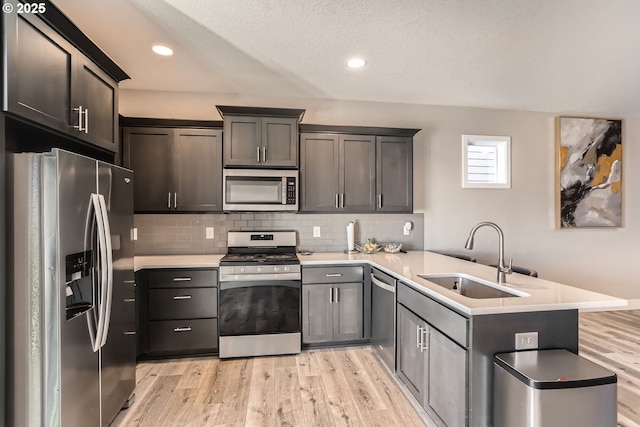 kitchen featuring appliances with stainless steel finishes, sink, backsplash, kitchen peninsula, and light hardwood / wood-style flooring